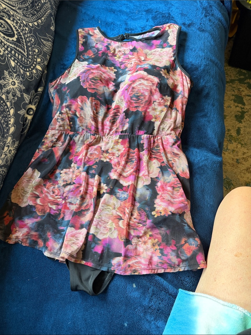 torrid Black Floral One-Piece Swimdress with Pink Roses